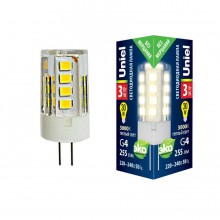 Лампа светодиодная (UL-00006742) Uniel G4 3W 3000K прозрачная LED-JC-220/3W/3000K/G4/CL GLZ09TR