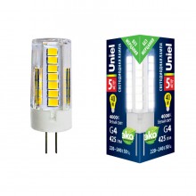 Лампа светодиодная (UL-00006745) Uniel G4 5W 4000K прозрачная LED-JC-220/5W/4000K/G4/CL GLZ09TR